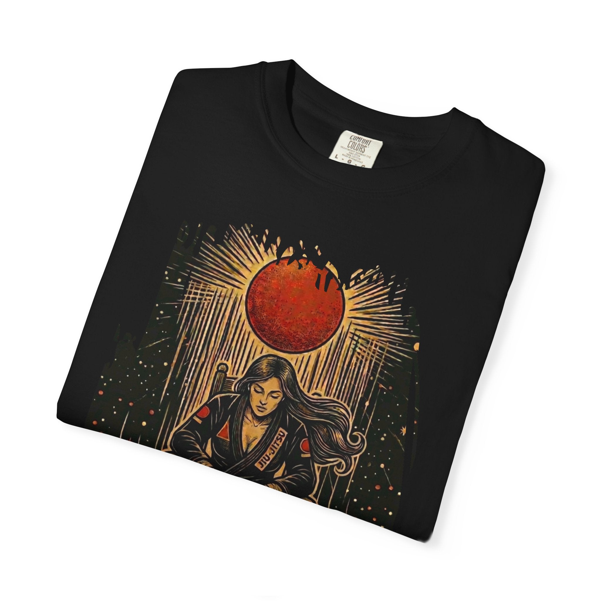 BJJ Throne Illustration T-Shirt | Female Competitor Sitting Under Rising Sun