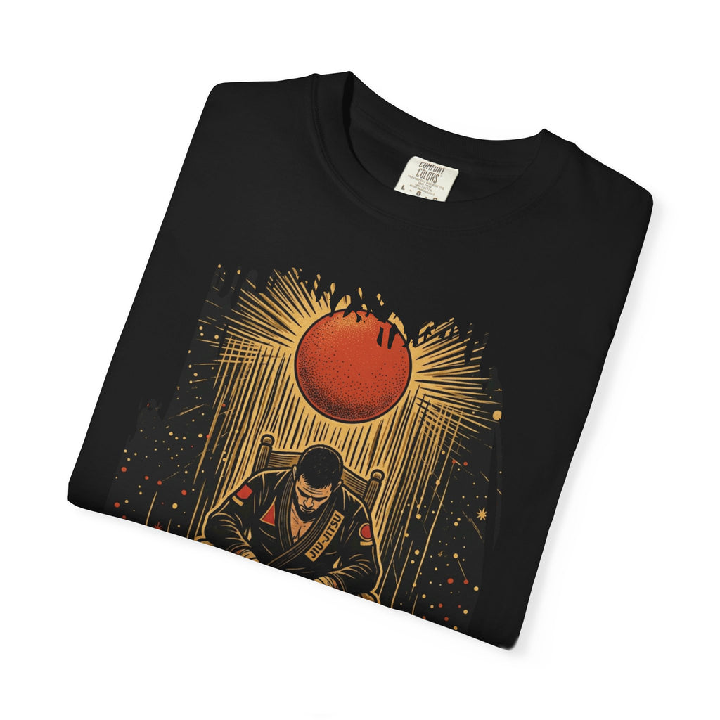 BJJ Throne Illustration T-Shirt | Male Competitor Sitting Under Rising Sun