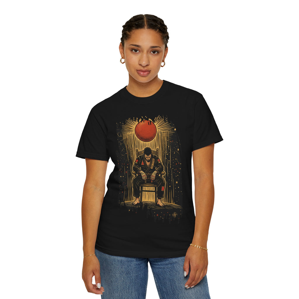 BJJ Throne Illustration T-Shirt | Male Competitor Sitting Under Rising Sun