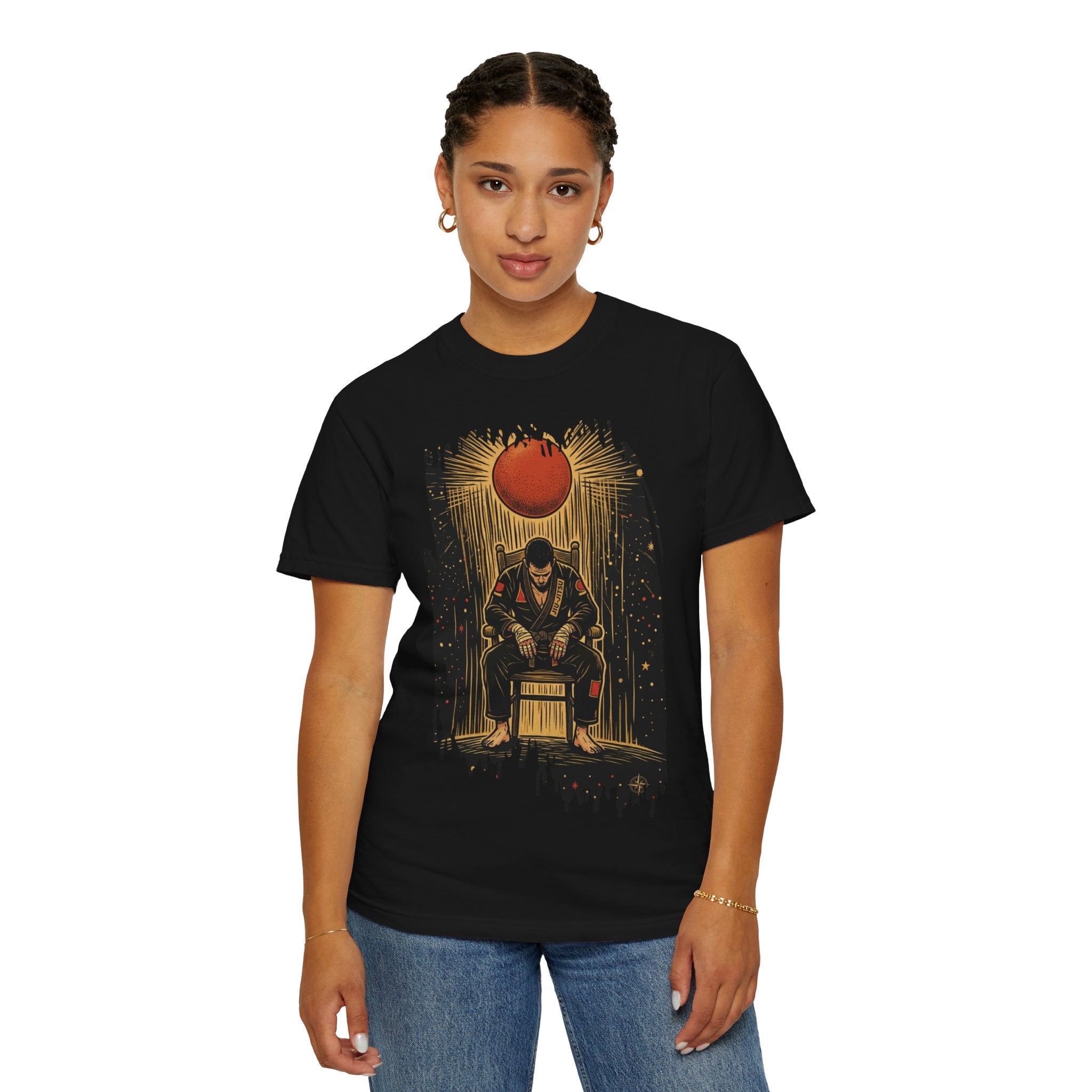BJJ Throne Illustration T-Shirt | Male Competitor Sitting Under Rising Sun