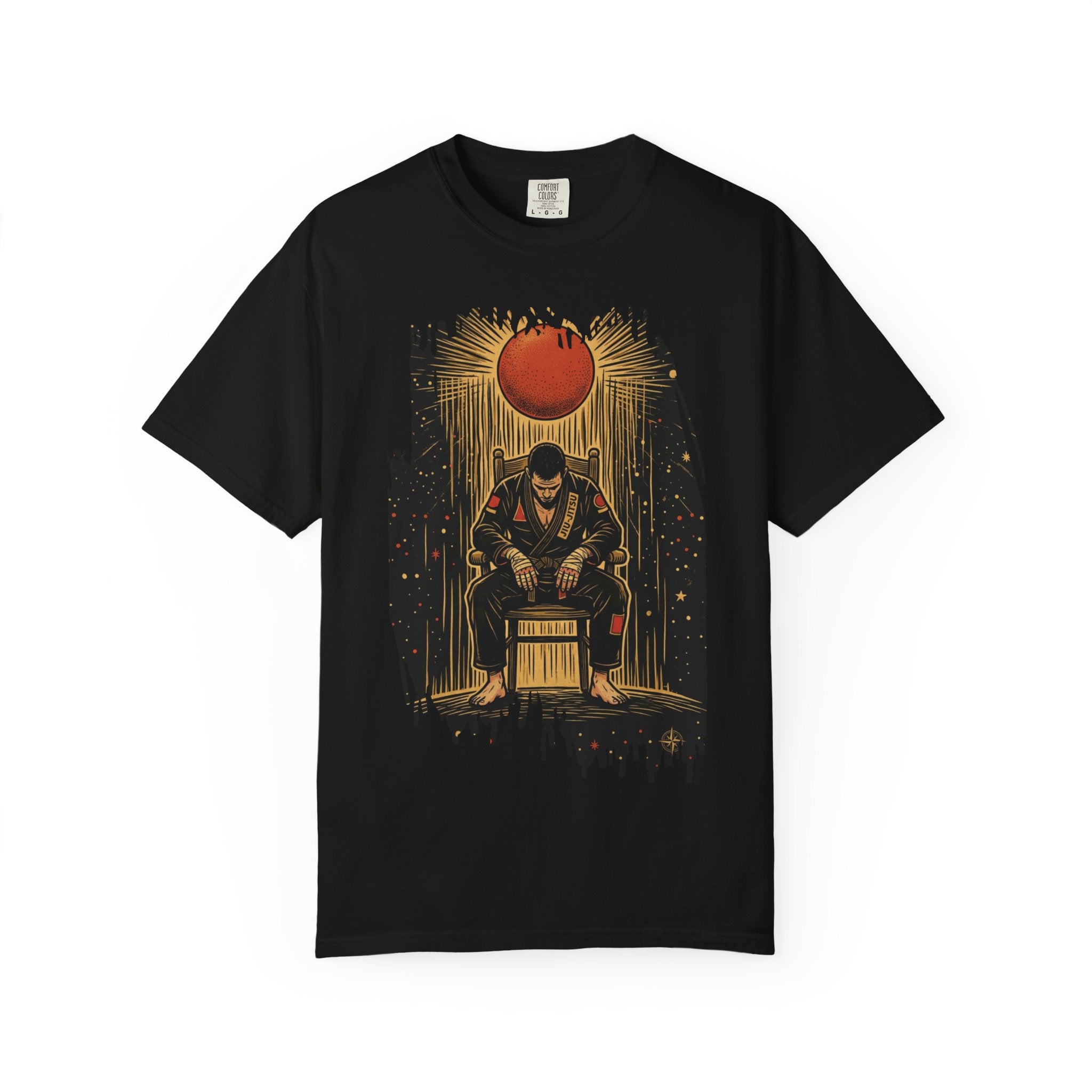 BJJ Throne Illustration T-Shirt | Male Competitor Sitting Under Rising Sun