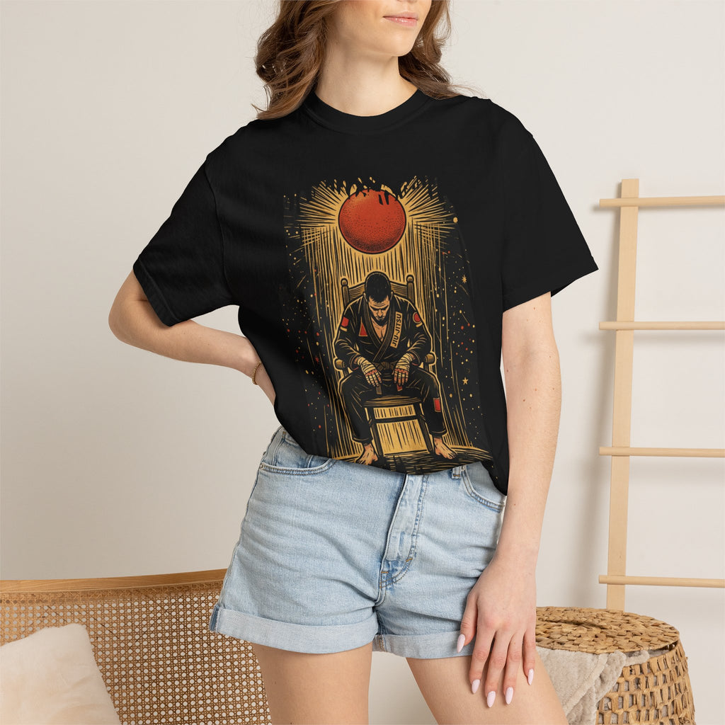 BJJ Throne Illustration T-Shirt | Male Competitor Sitting Under Rising Sun