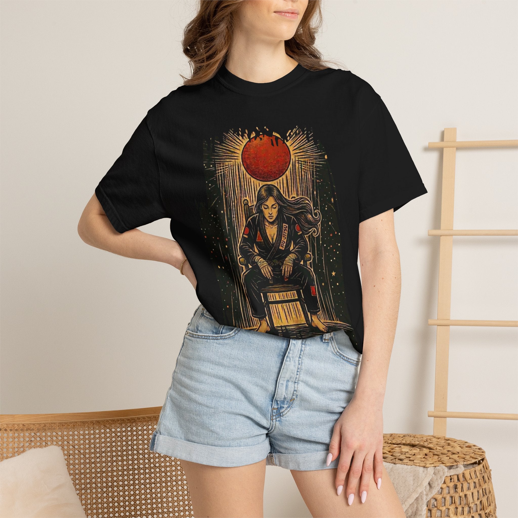 BJJ Throne Illustration T-Shirt | Female Competitor Sitting Under Rising Sun