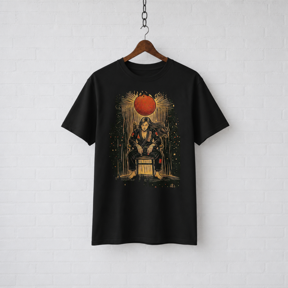 BJJ Throne Illustration T-Shirt | Female Warrior Sitting Under Rising Sun
