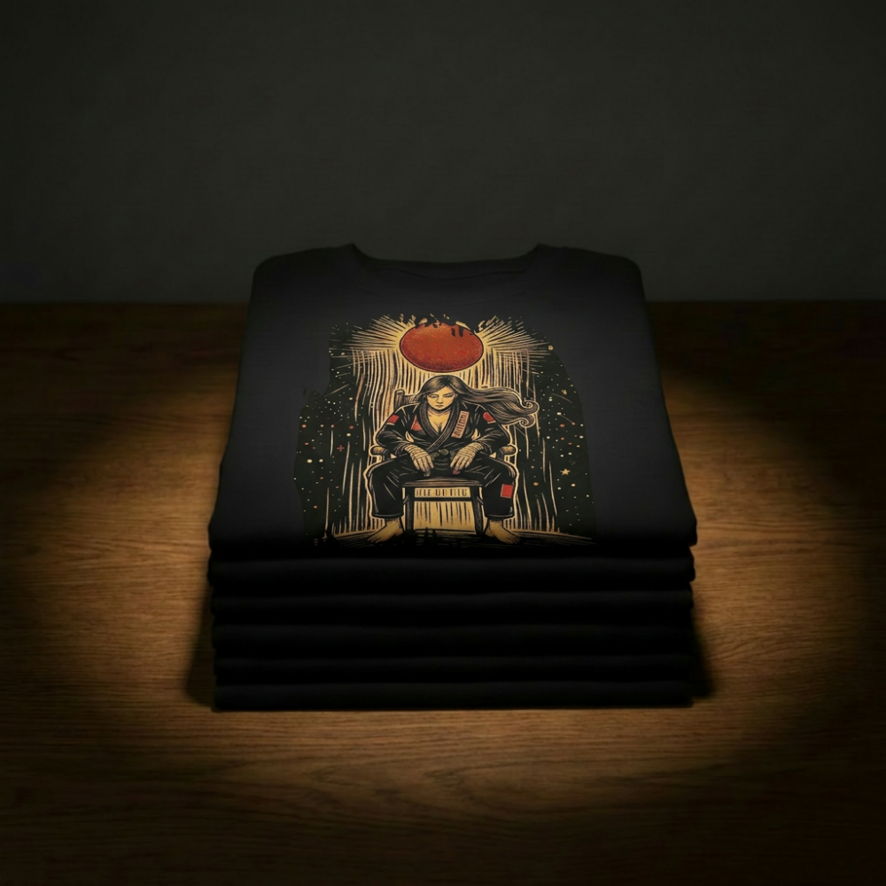 BJJ Throne Illustration T-Shirt | Female Warrior Sitting Under Rising Sun