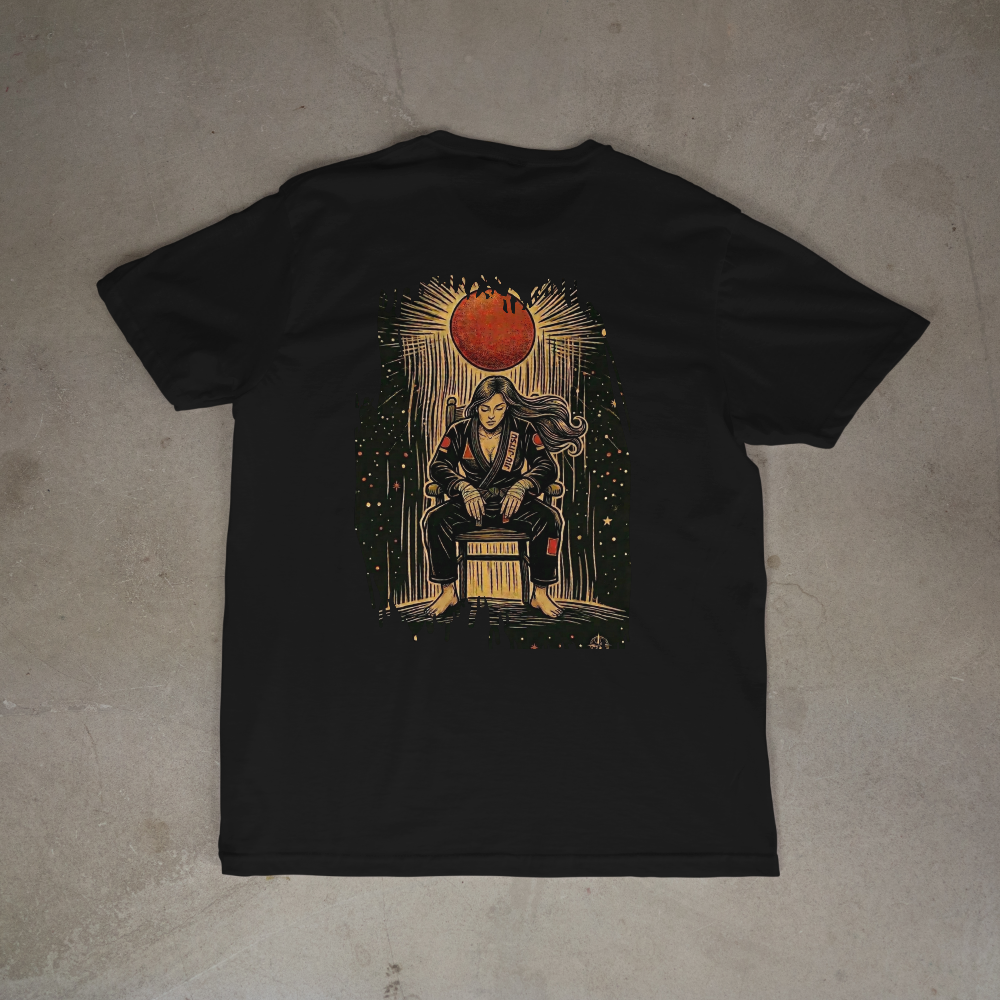 BJJ Throne Illustration T-Shirt | Female Warrior Sitting Under Rising Sun