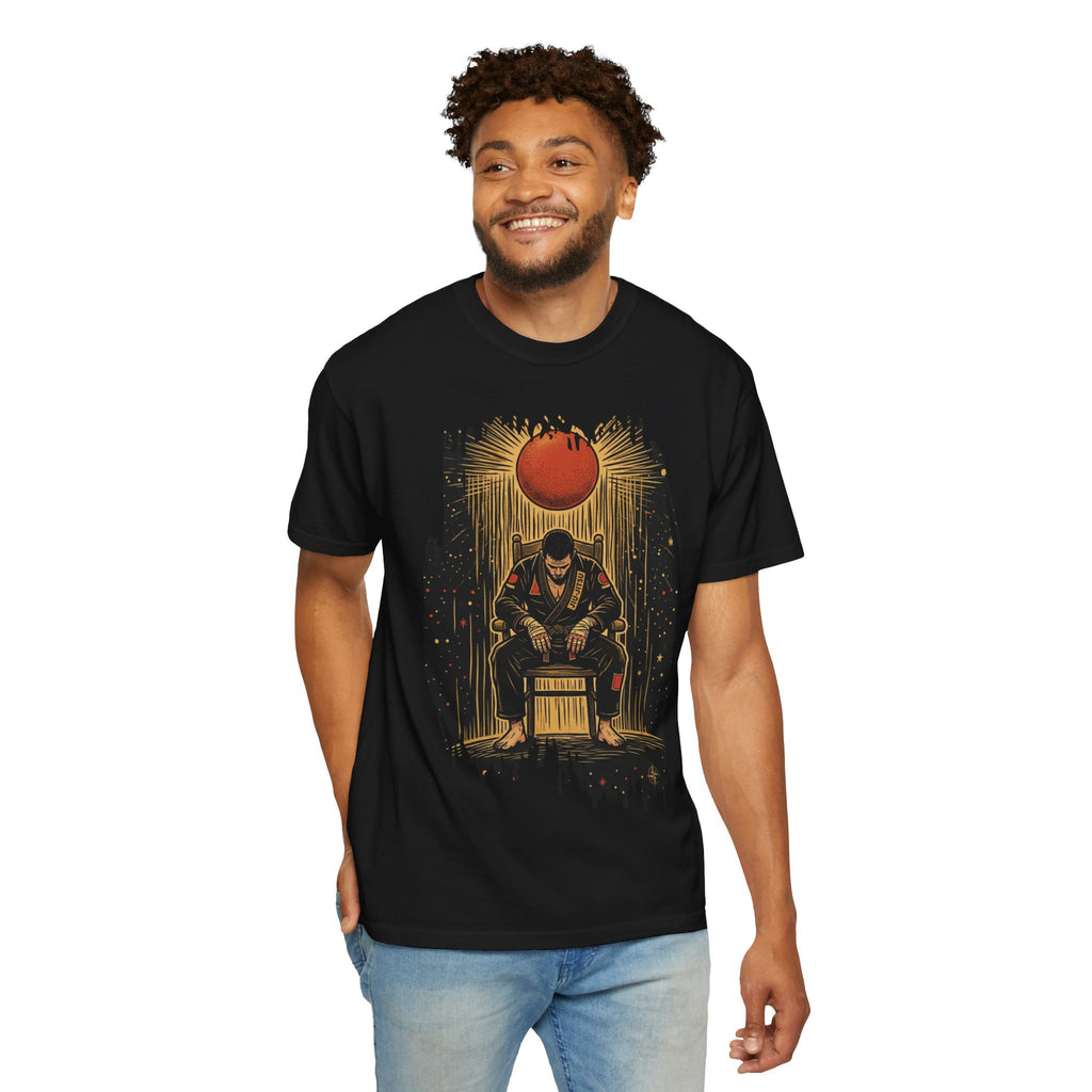 BJJ Throne Illustration T-Shirt | Male Competitor Sitting Under Rising Sun