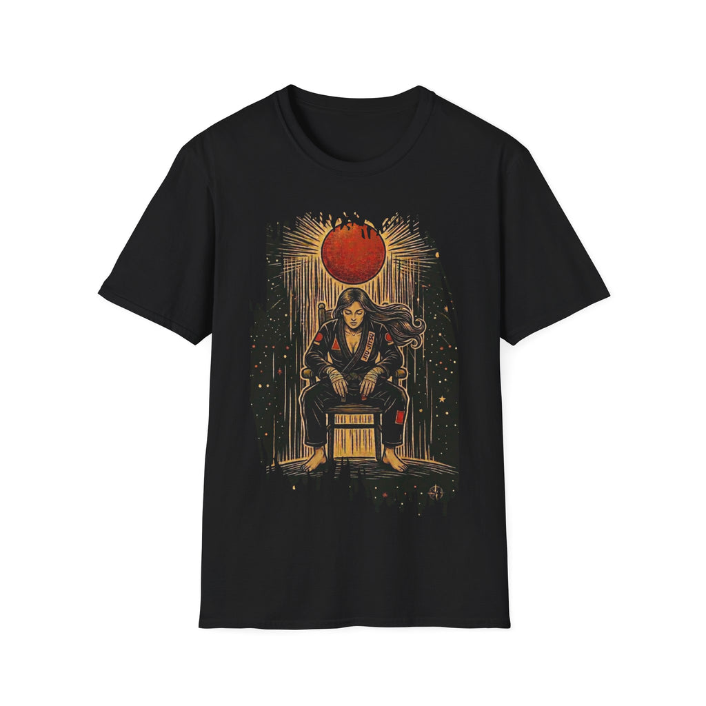 BJJ Throne Illustration T-Shirt | Female Warrior Sitting Under Rising Sun