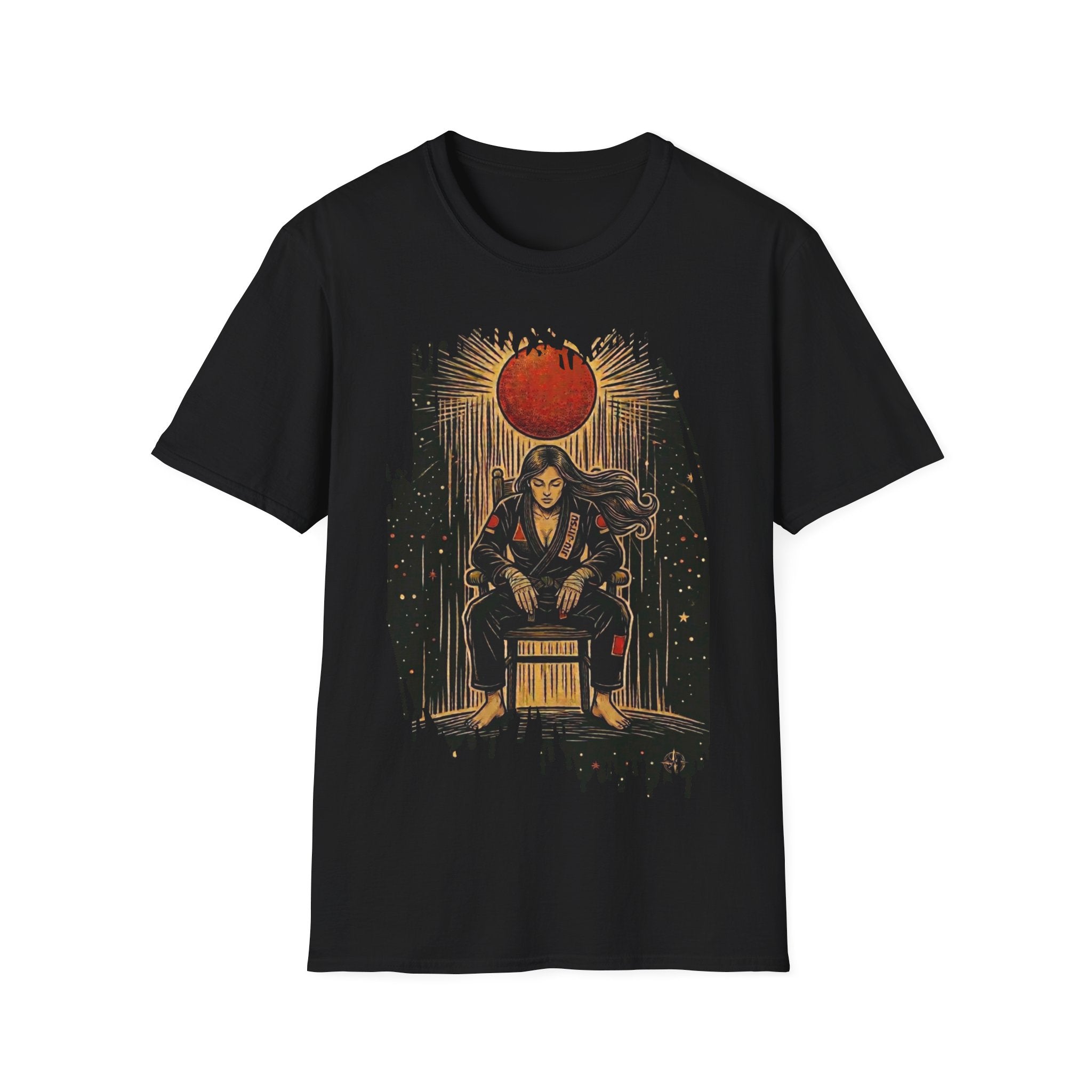 BJJ Throne Illustration T-Shirt | Female Warrior Sitting Under Rising Sun