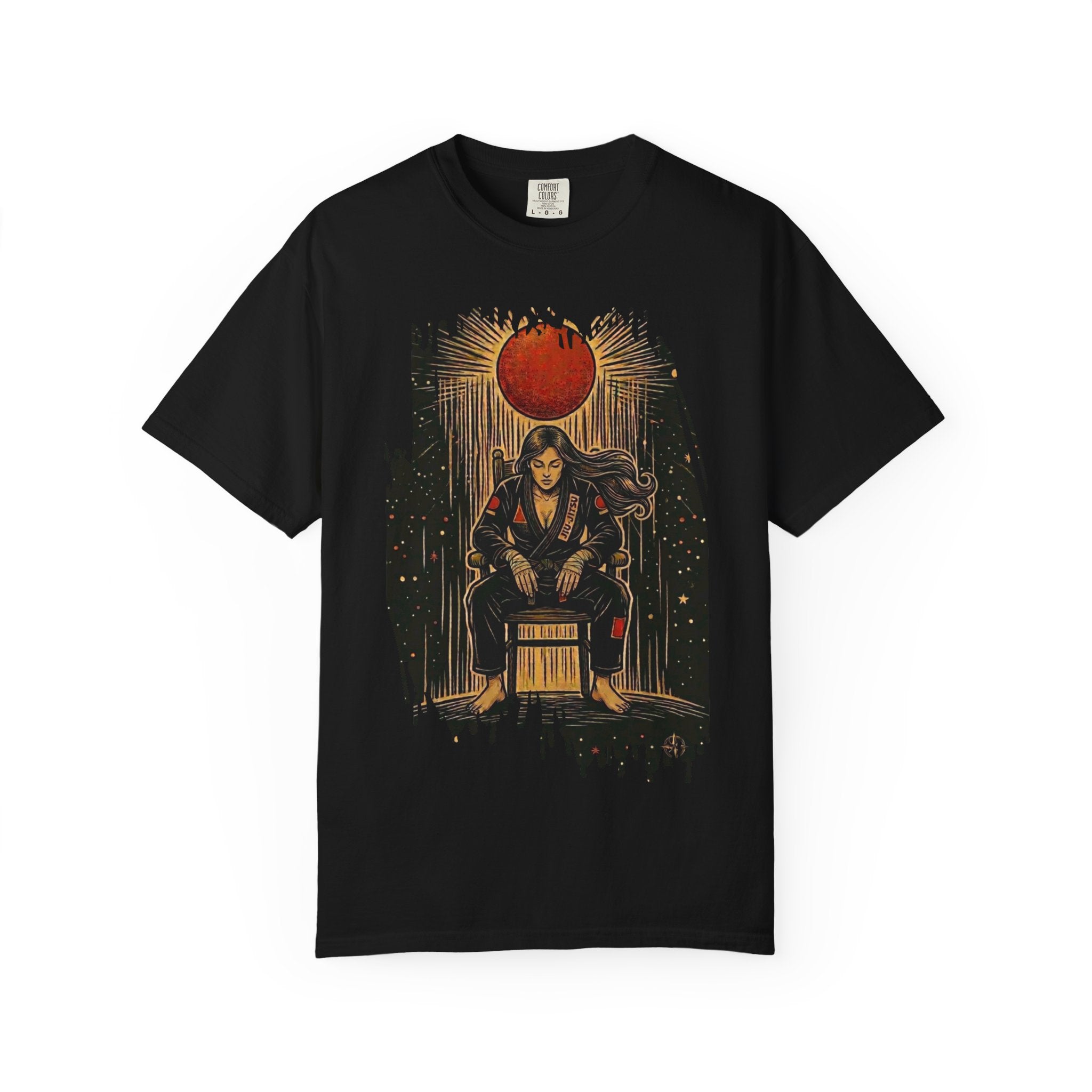 BJJ Throne Illustration T-Shirt | Female Competitor Sitting Under Rising Sun