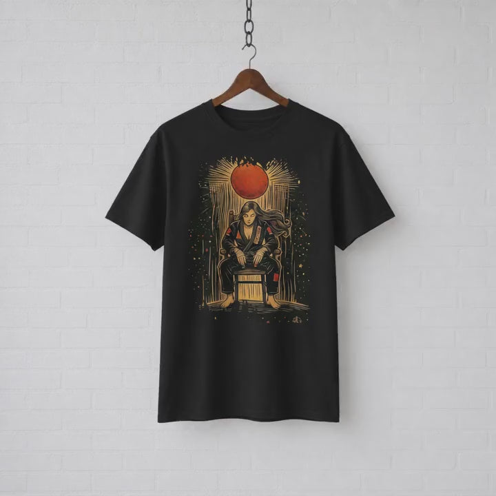 BJJ Throne Illustration T-Shirt | Female Warrior Sitting Under Rising Sun