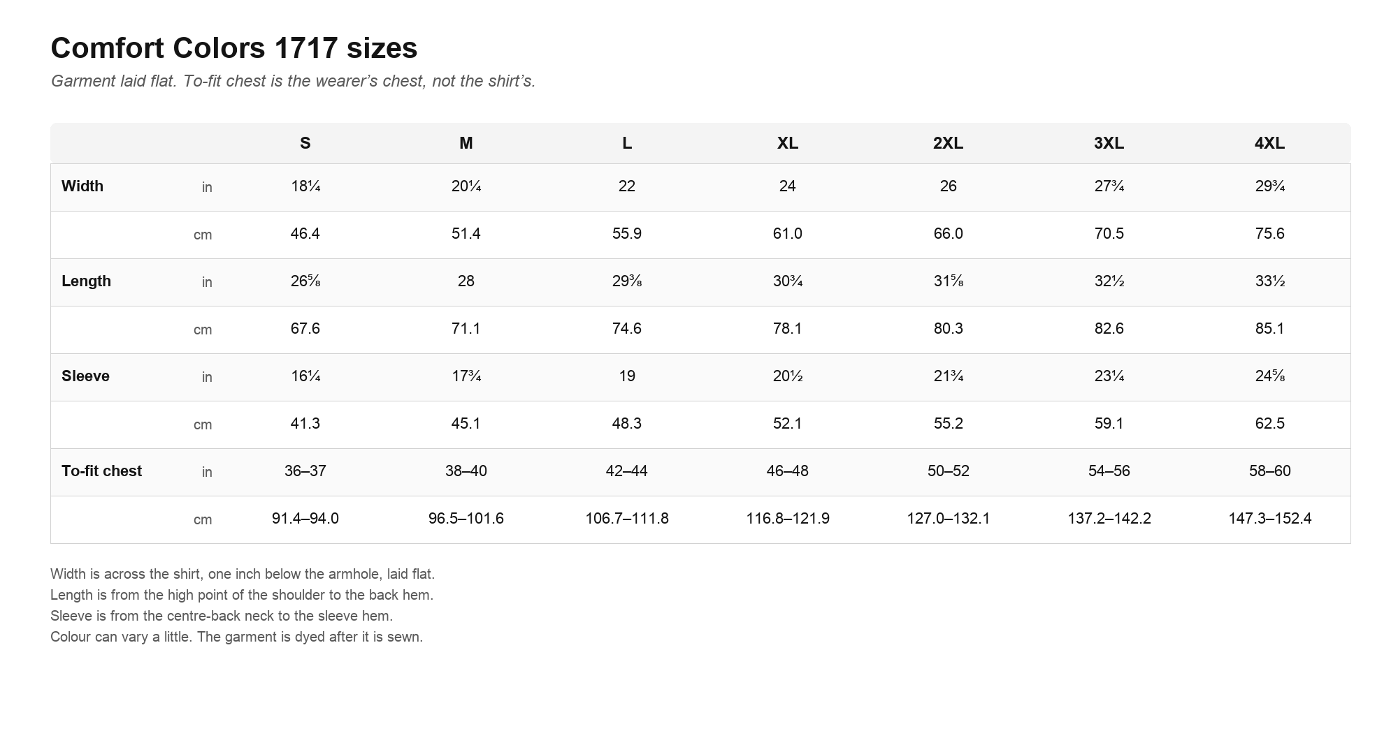 Comfort Colors 1717 size chart. Width, length, and sleeve laid flat, plus to-fit chest.